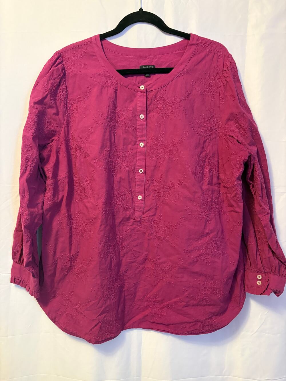 Talbots Embroidered Henley Tunic Top Fuchsia Pink Floral Sz 2X